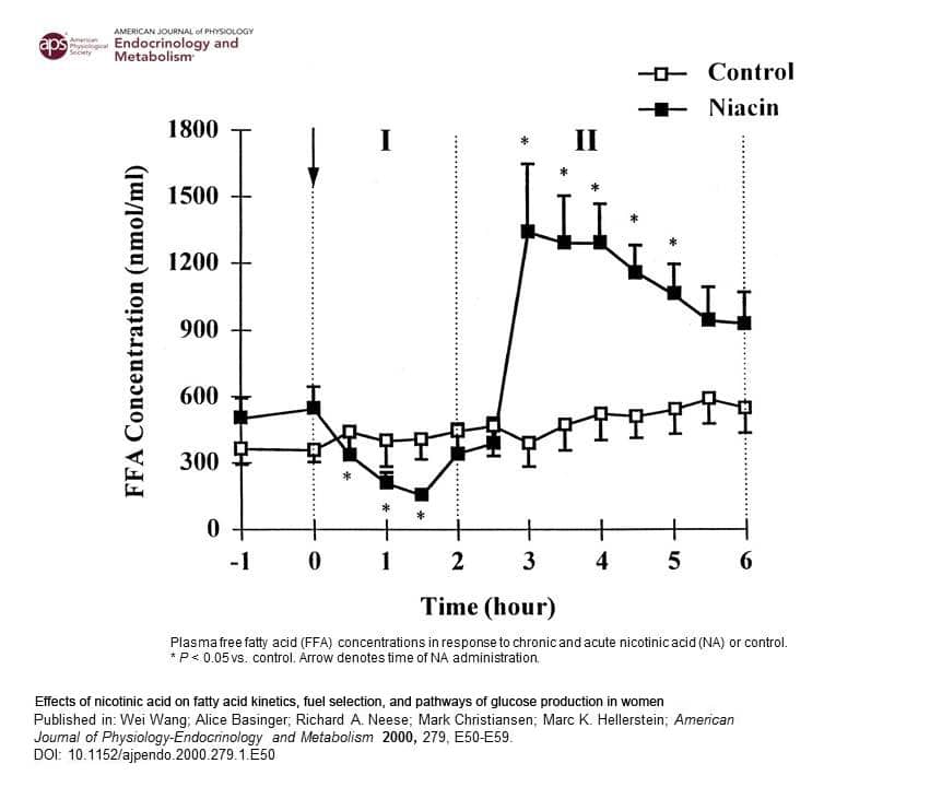 Free fatty acid time-course after immediate-release niacin showing transient suppression, rebound peak, and gradual return to baseline