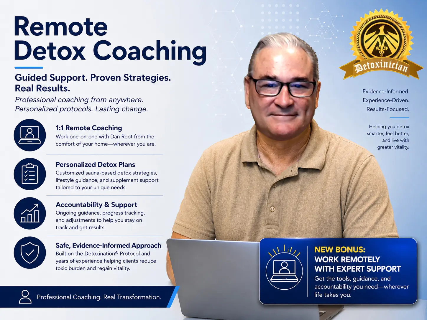 Remote Detox Coaching infographic showing one-on-one support, personalized plans, and accountability